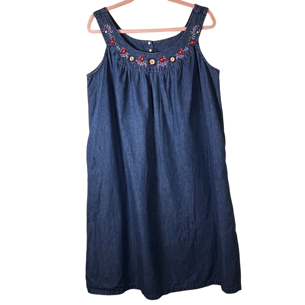 Vtg 90s Denim Floral Embroidered Jumper Pinafore Midi Dress L Blue Cottagecore